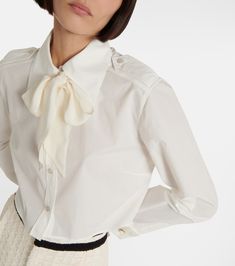 Find GUCCI Tie-front Cotton Poplin Blouse on Editorialist. Made in Italy. Closure: buttoned front. Material II: 100% silk. Designer color name: Pearl. Care instructions: dry clean. Material: 100% cotton. Gucci Formal Button-up Blouse, Gucci Button-up Blouse For Formal Occasions, Fitted Gucci Blouse For Fall, Gucci Collared Blouse For Spring, Gucci Spring Collared Blouse, Silk Workwear Shirt With Placket, Gucci Collared Blouse For Formal Occasions, Gucci Formal Collared Blouse, Gucci Cotton Shirt For Work