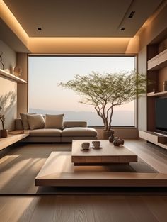 a living room with a large window and a tree in the corner on the wall