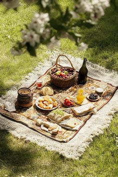 a picnic blanket with food and drinks on it