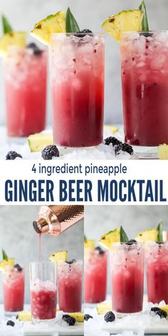 four ingredient pineapple ginger beer mocko cocktails in glasses with garnishes