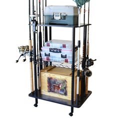 a rack with fishing rods, reels and other items on it's sides