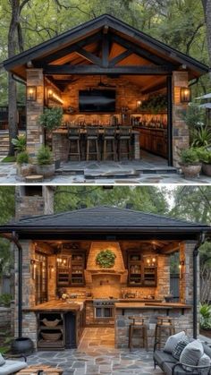 an outdoor kitchen is built into the side of a house