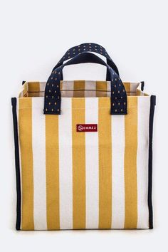 Length - 13.5" Width - 8" Height - 13" / 18" With Handle Canvas Material Lead & Nickel Compliant Wrap Shoes, Novelty Socks, Active Wear Pants, Yellow Stripes, Tie Shoes, Shopping Tote, Navy Stripes, Large Canvas, Mitten Gloves