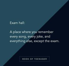 an image with the words exam hall in black and white, on a blue background