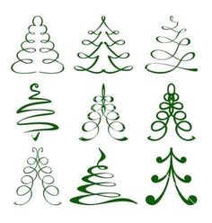 a set of twelve christmas trees with swirls and ornaments on them, all drawn in green ink