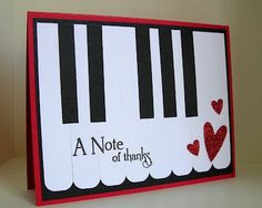 a note of thanks card with piano keys and hearts in red, black and white