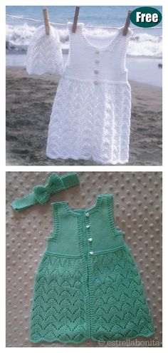 crochet baby dress and headband on the beach