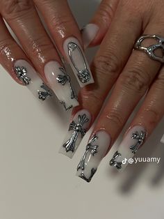 Chrome Hearts Nails, Hearts Nails, Acrylic Nail Designs Coffin, Spring Acrylic Nails, Vintage Nails, Heart Nail, Drip Nails, Unique Acrylic Nails