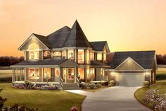 this is an artist's rendering of a house at night with lights on the windows