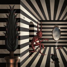 an image of a strange looking room with black and white stripes on the walls, red devil like creature standing next to a potted plant