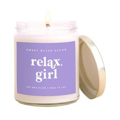 SCENT: Relaxation SCENT NOTES: • Top: Eucalyptus, Peppermint • Middle: Clove, Powder • Base: Cedar, Patchouli, Vanilla Hand poured in Pittsburgh PA, our clear jar vessel looks great in any space. Our new violet purple Relax, Girl candle is perfect for Self-Care, Relaxation, Stress Relief, and Aromatherapy. CANDLE INFO: • Jar Size: 9oz | 204g Net Weight | 2.5x2.5x3.5" • Burn Time: 40+ Hours • Wick: 100% Cotton (Lead and Zinc Free) • Wax: Proprietary Soy Based Wax Blend | Vegan, Non-GMO, Kosher • Purple Candle, Purple Candles, Products Photography, Cedarwood Oil, Patchouli Oil, Cozy Candles, Vanilla Candle, Clear Jars, Scent Notes