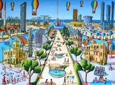 a painting of an amusement park with hot air balloons in the sky and people walking around