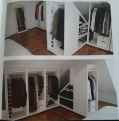 two pictures of an open closet with clothes hanging on the walls and in between them