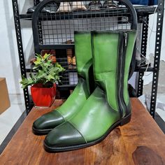 ⚜️ Sizes: From 5 to 11.5 inches ⚜️ Materials: Genuine Leather, Solid Rubber Sole ⚜️ Features: 100% Handmade Shoes, Made to Order ✨ All our items are customizable, please contact us for engravings or personalized designs. ❤️Make a bold statement with these Men's Green Leather Zip-Up Mid-Calf Boots, designed for the fashion-forward individual who values both style and craftsmanship. These boots are meticulously handcrafted from premium leather, offering a unique green finish that stands out in any Green Rugged High-top Boots, Green High-top Synthetic Boots, Green High-top Boots With Vibram Sole, Green High-top Waterproof Boots With Vibram Sole, Men Boots Olive Color, Cap Toe Boots, Stylish Caps, Leather Cap, Mens Green