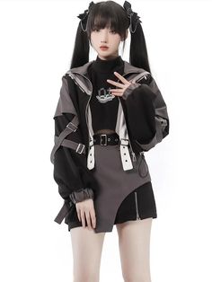 Black and Gray Techwear Zip Closure Jacket Trendy Long Sleeve Outerwear For Cosplay, Fitted Outerwear For Cosplay In Spring, Long Sleeve Outerwear For Costume Party In Spring, Trendy Fitted Outerwear For Cosplay, Womens Techwear, Cyberpunk Outfit, Techwear Outfits, Techwear Fashion, Cyberpunk Fashion