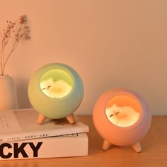 two colorful lights sitting on top of a book next to a vase with flowers in it