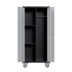 a black and white cabinet with wheels on the bottom, one door open to reveal an empty shelf