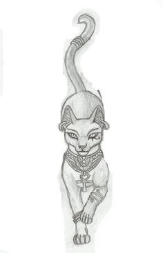 a drawing of an egyptian cat with a collar on it's neck and tail