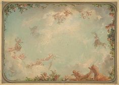 an ornate painting with angels and flowers on the ceiling in a blue sky above trees