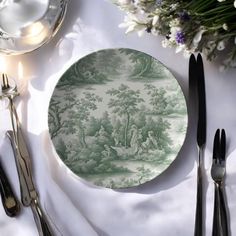 Introducing our line of Bone China products made in the UK, this elegant green toile dinnerware will add an elegant touch to any special occasion. They are sustainably printed and available in 6.5-inch, 8-inch, and 10.5 inch sizes, perfect for dinner, dessert, salad, or appetizers. Available in a single or sets of 2, 4, or 8, these original plates should be hand washed, but can easily be cleaned with hot, soapy water. Enjoy making a statement of elegance at your next gathering. Easter Dinnerware, Unique Salad, Green China, China Products, China Plates, Vintage Plates, Salad Plate, Green Salad, Soapy Water