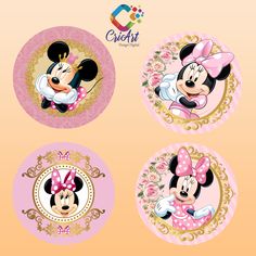 three different minnie mouse stickers on a pink and yellow background with gold trimming