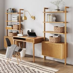 a room with a rug, desk and shelving unit in front of the wall