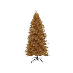 an artificial christmas tree with gold tinsels on the top and black stand, in front of a white background