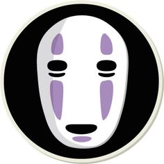 a white mask with purple eyes in a black circle