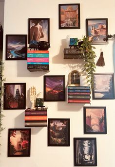 there are many pictures on the wall with books and plants next to eachother