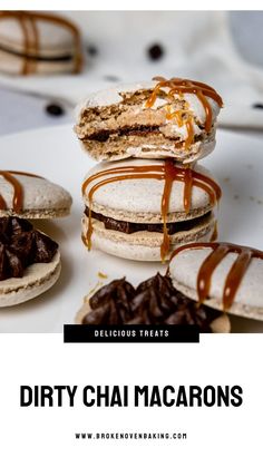 desserts with chocolate drizzled on them and the words dirty chai macarons