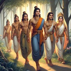 the seven avatars of lord rama in front of some trees and bushes, with one man