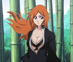 an anime character with red hair standing in front of bamboo trees and looking at the camera