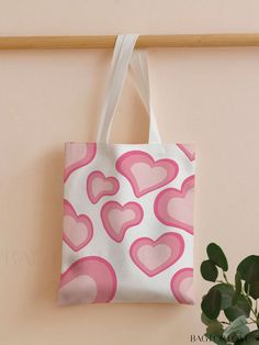 BagForLove - Heart-Printed Shopper Tote: Stylish and Practical for Everyday Use. Aesthetic Bag Painting, Fabric Painting Aesthetic, Cute Fabric Painting, Cute White Bag For Valentine's Day, Cute White Bags For Valentine's Day, Casual Pink Bag For Valentine's Day, Totes Bag Aesthetic, Cute Tote Bag Ideas, Cloth Bags Diy