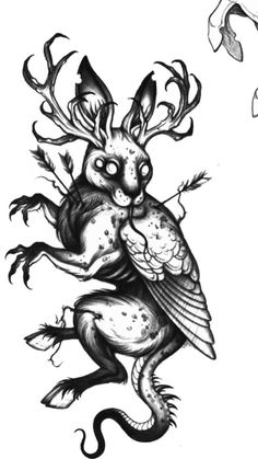 a drawing of a bird with antlers on its back