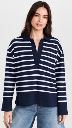 Fabric: Mid-weight fine knitStripe printCollared neckLong sleevesShell: 100% cottonWash coldImported, IndiaStyle #MADEW46690 Rugby Sweater Women, Long Sleeve Rugby Shirts, Womens Rugby, Rugby Stripe, Rugby Polo, Stripe Long Sleeve, Polo Tees, Pocket Cardigan, Madewell Sweater