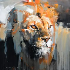 an abstract painting of a lion's face with orange and white colors on it