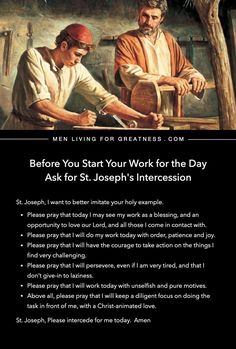 two men working together with the text before you start your work for the day ask for joseph's intercession