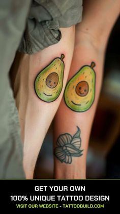 two people with tattoos on their legs and one has an avocado