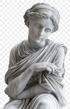 a statue of a woman with her hands folded in front of her face, on a white background