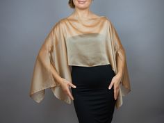 A very elegant and classical capelet for your wedding dress, evening dress or party outfit made of the finest chiffon  Color: gold (other colors are available)  Size: unique (fits all), but if you have any doubts, please contact me. WE have matching bags in our Etsy Shop! WE accept credit cards! Silk Cape With Cape Sleeves For Formal Occasions, Elegant Silk Cape For Formal Occasions, Elegant Party Capelet, Elegant Evening Capelet With Cape Sleeves, Elegant Evening Capelet, Chic Capelet With Cape Sleeves For Party, Elegant Capelet For Party, Elegant Fitted Capelet, Elegant Party Cape With Cape Sleeves