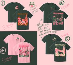 four t - shirts with pink and green designs on them