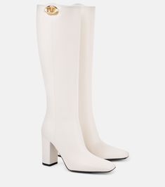 VLogo Bold 100 leather knee-high boots in white - Valentino Garavani | Mytheresa Luxury Knee-high Boots With Square Toe And Reinforced Heel, Luxury Knee-high Boots With Reinforced Heel And Square Toe, Luxury Calf Leather Knee-high Boots With Square Toe, Cream Leather Knee-high Boots, Cream Leather Boots With Square Toe, Classic Beige Boots With Square Toe, Classic Beige Square Toe Boots, White Leather Knee-high Boots For Formal Occasions, Formal White Leather Knee-high Boots