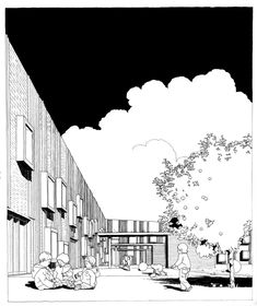 black and white drawing of people sitting on the ground in front of a tall building