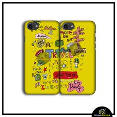 an iphone case with the words adventure on it and various things in different languages, including letters