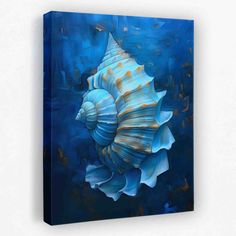 an acrylic painting of a blue sea shell in the ocean with fish around it