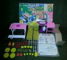 barbie doll house furniture and accessories including table, chairs, sink, kitchen utensils