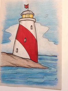 a drawing of a lighthouse in the water