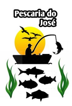 a man fishing on a boat with fish in front of him and the words pescaria do jose above it