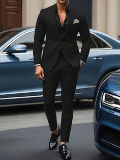 Mens Tuxedo Styles Formal Wear, Men’s Formal Suits, Black Wedding Attire Men, Casual Black Suit Ideas For Men, Black Tuxedo Outfits Men, Black Shirt Suit Outfit Men, Black Suits For Men Classy, Business Man Clothes, Cocktail Event Outfit Men