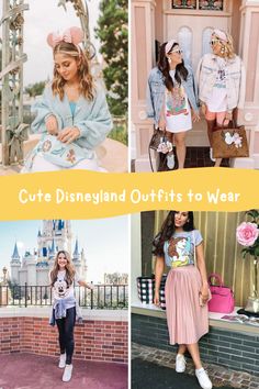 four pictures with the words cute disneyland outfits to wear on them and photos of disney characters